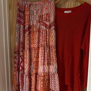 CJ Banks Boho artsy print  full tiered Maxi Skirt & sweater set EUC 1X 2X #42”